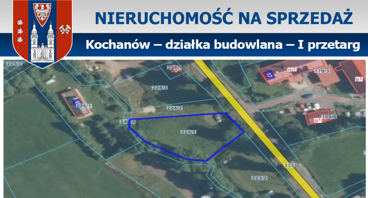 Z urzędów, OGŁOSZENIE PIERWSZYM PRZETARGU USTNYM NIEOGRANICZONYM SPRZEDAŻ CZĘŚCI NIERUCHOMOŚCI GRUNTOWEJ NIEZABUDOWANEJ POŁOŻONEJ KOCHANOWIE - zdjęcie, fotografia
